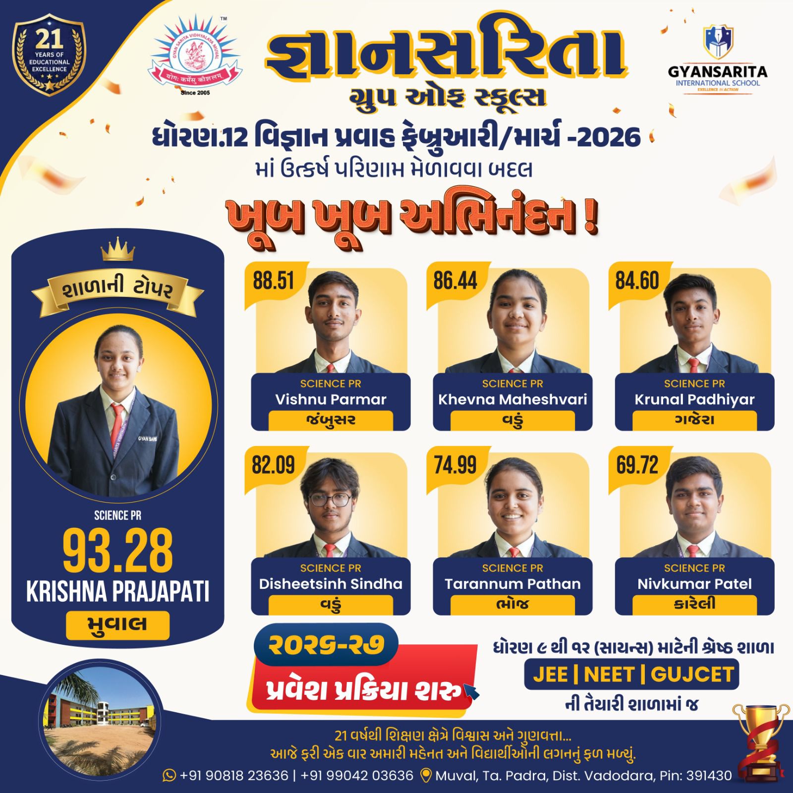 Class 12 Science results poster featuring Krishna Prajapati and fellow achievers